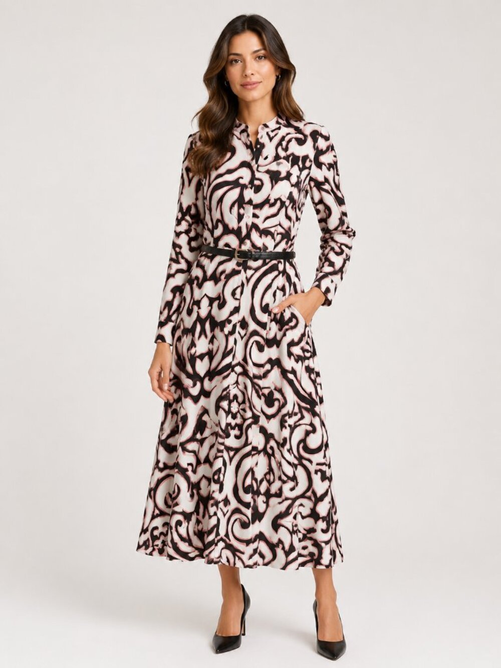 Abstract Print Shirt Dress Belted Pockets Black White Pink